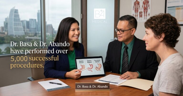 Dr. Nicole Basa and Dr. Alan Abando reviewing bariatric surgery options with a patient at BA Medical Center in Austin, Texas