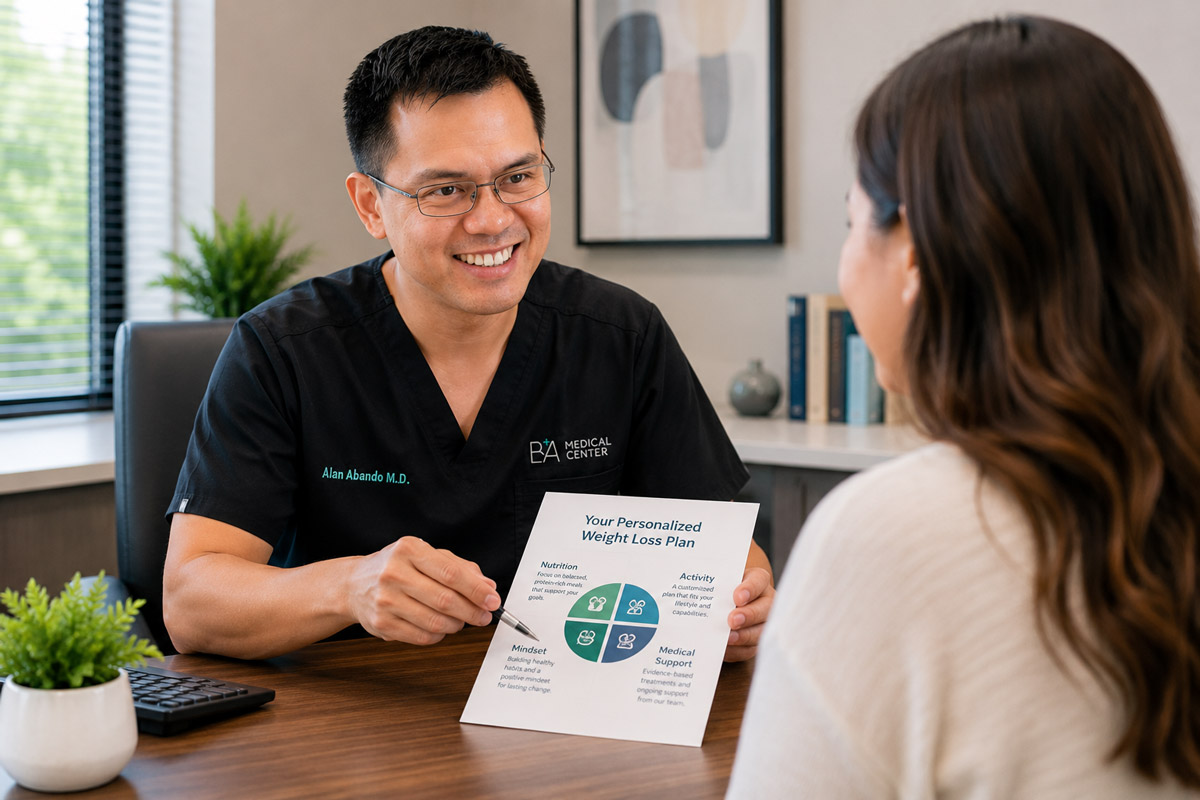 Dr. Alan Abando presenting personalized weight loss plan to patient — B+A Medical Center Cedar Park Austin TX