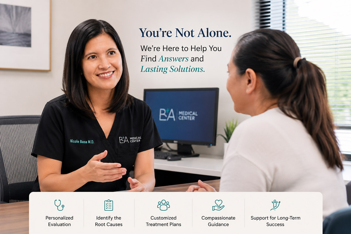 Dr. Nicole Basa consulting with patient — You're Not Alone, We're Here to Help — B+A Medical Center Austin TX