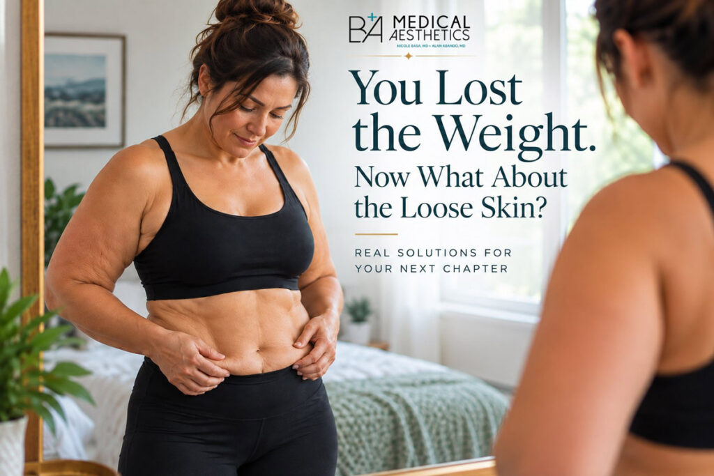 Woman noticing loose skin on her abdomen after significant weight loss